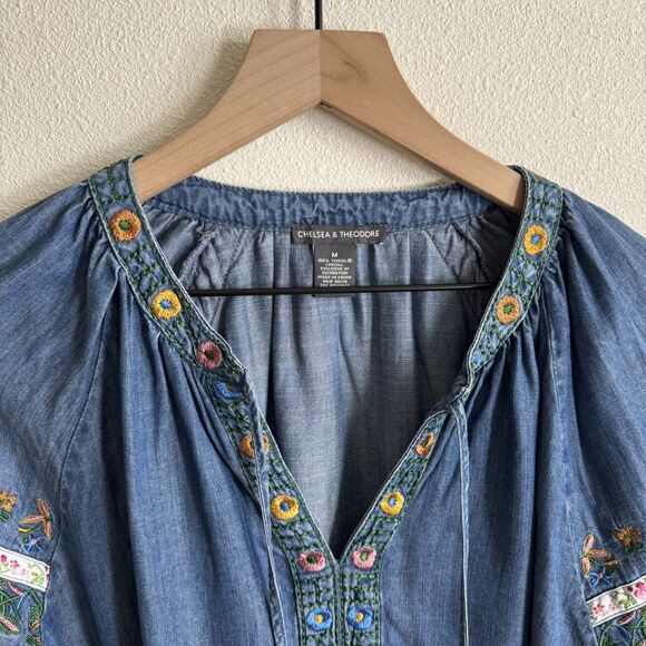 Chelsea & Theodore Top Womens Large Blue Floral Popover Coastal Cottagecore Boho - Picture 6 of 14